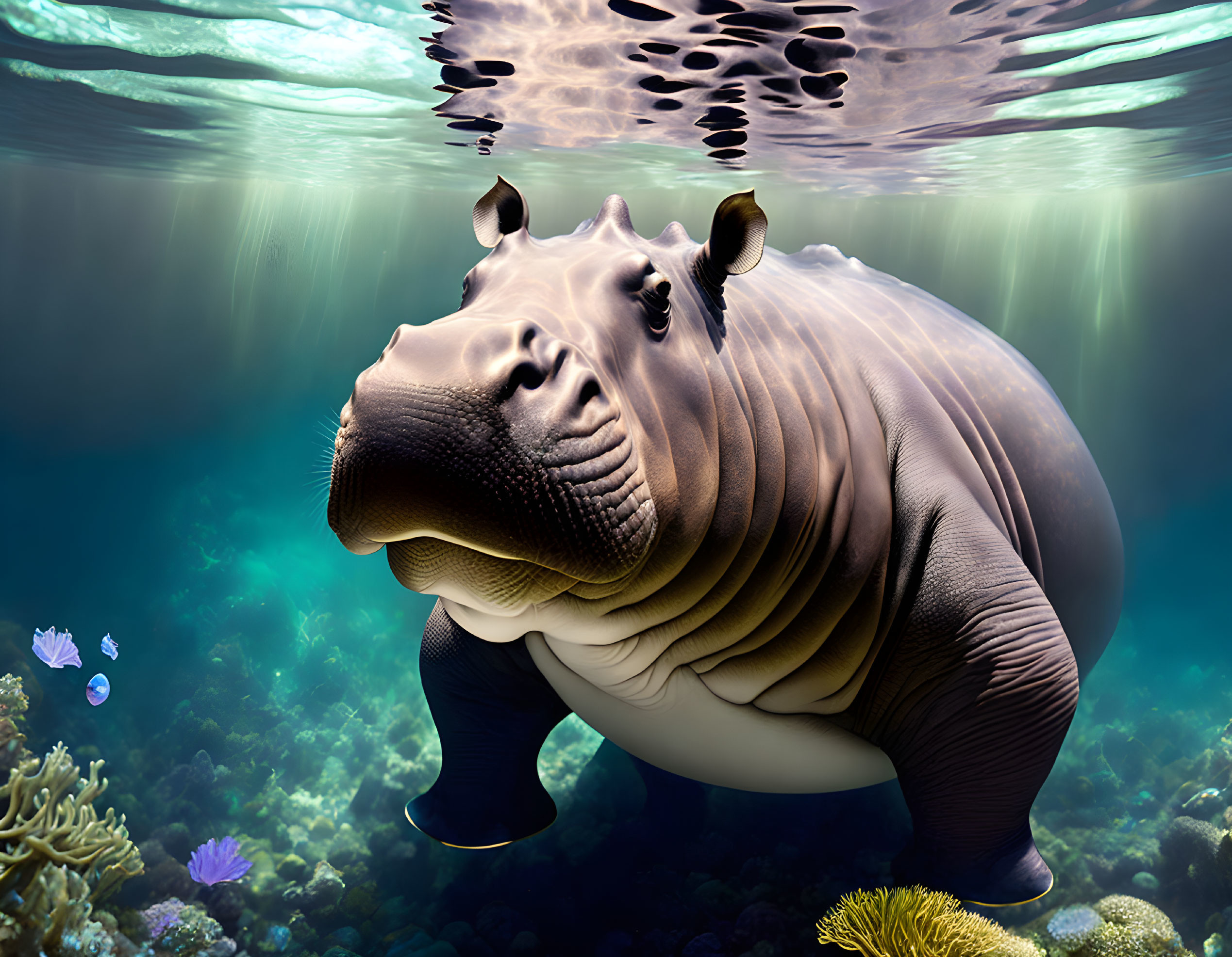 Submerged hippopotamus with coral, fish, and reflection.