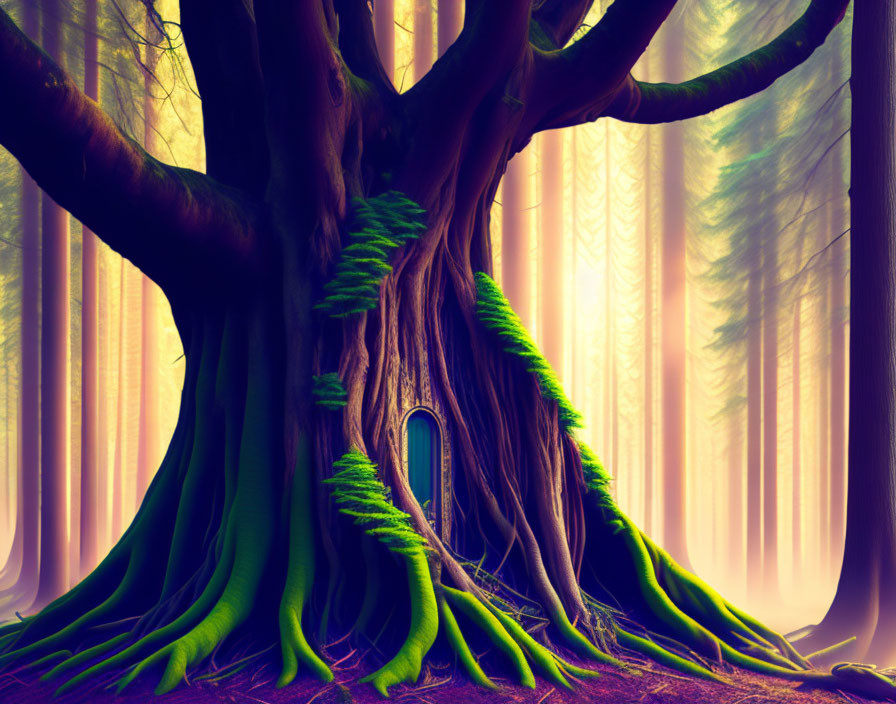 Mystical forest scene with large tree and arched doorway in purple haze