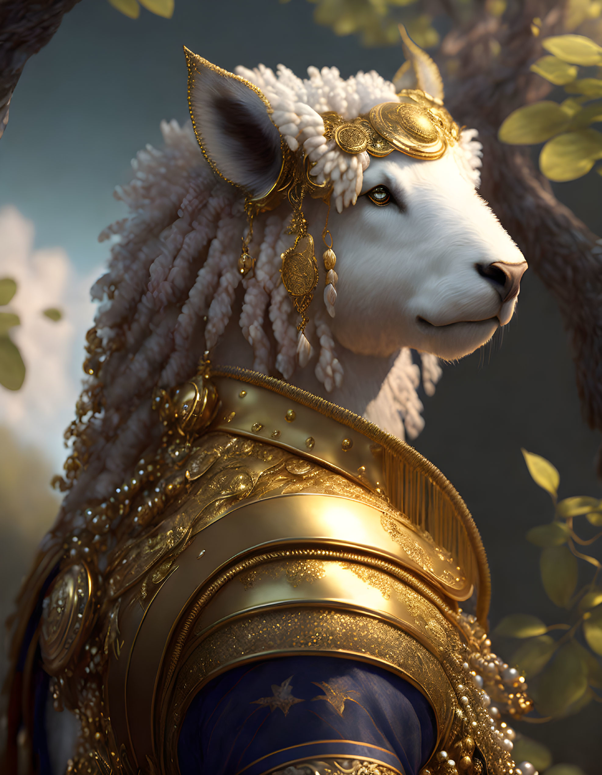 Regal sheep in golden armor and jewelry on soft-focus foliage.