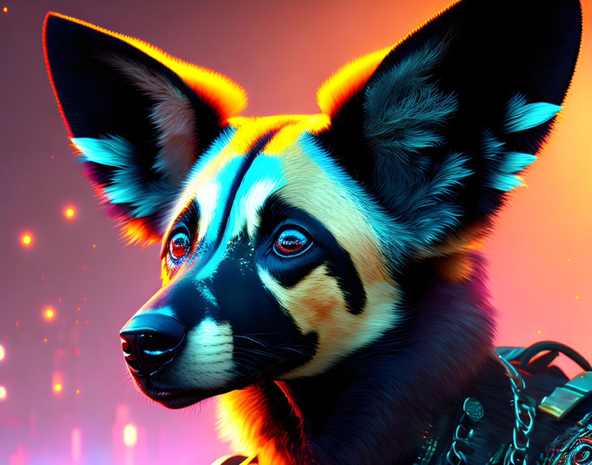 Futuristic cybernetic dog art in vibrant digital style