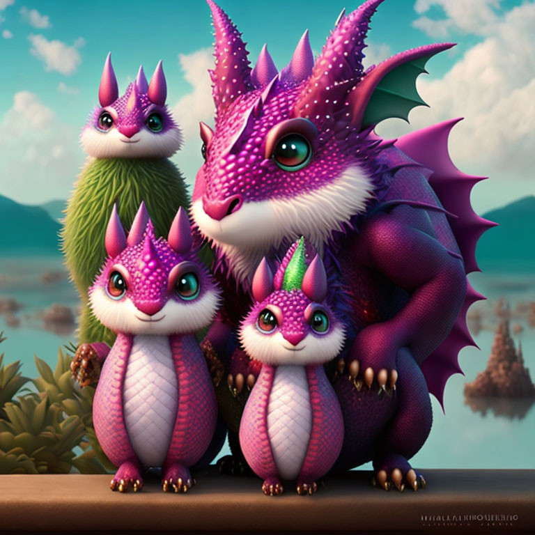 Vibrant pink and purple fantasy dragons in serene landscape