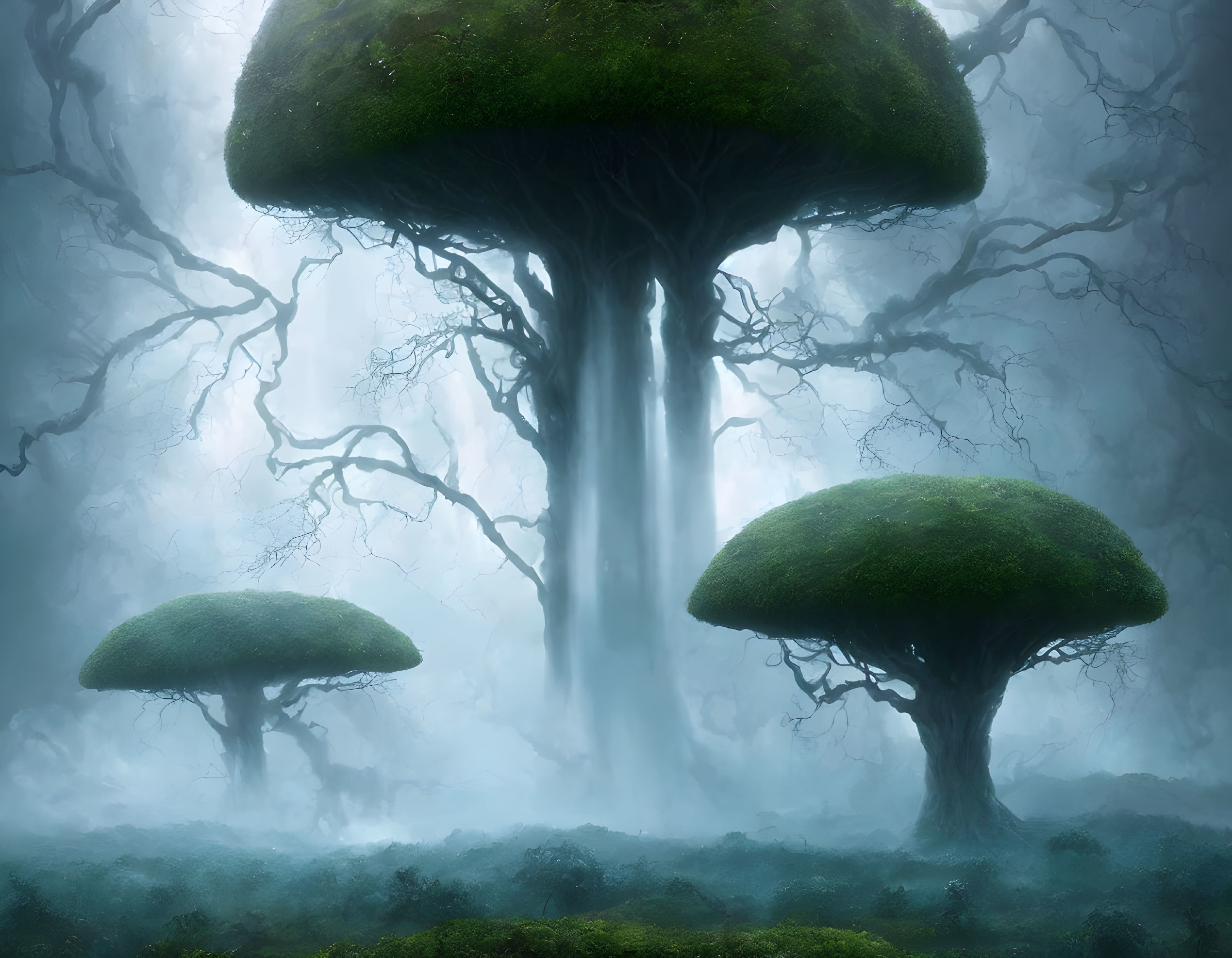 Mystical forest with oversized, mushroom-shaped trees in mist.