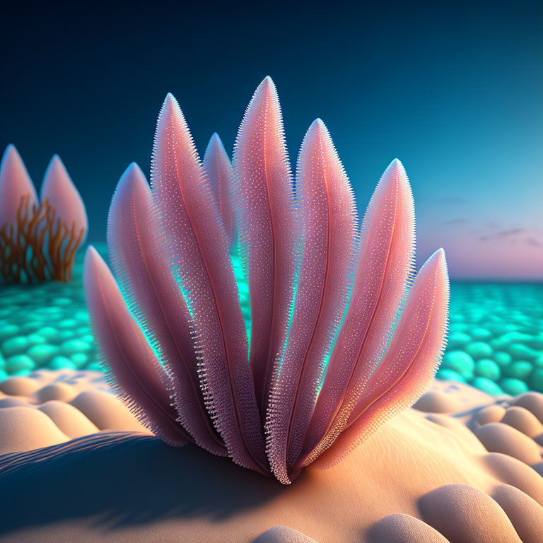 Stylized illuminated sea plant on sandy ocean floor with blurred background plants in dimly lit underwater scene