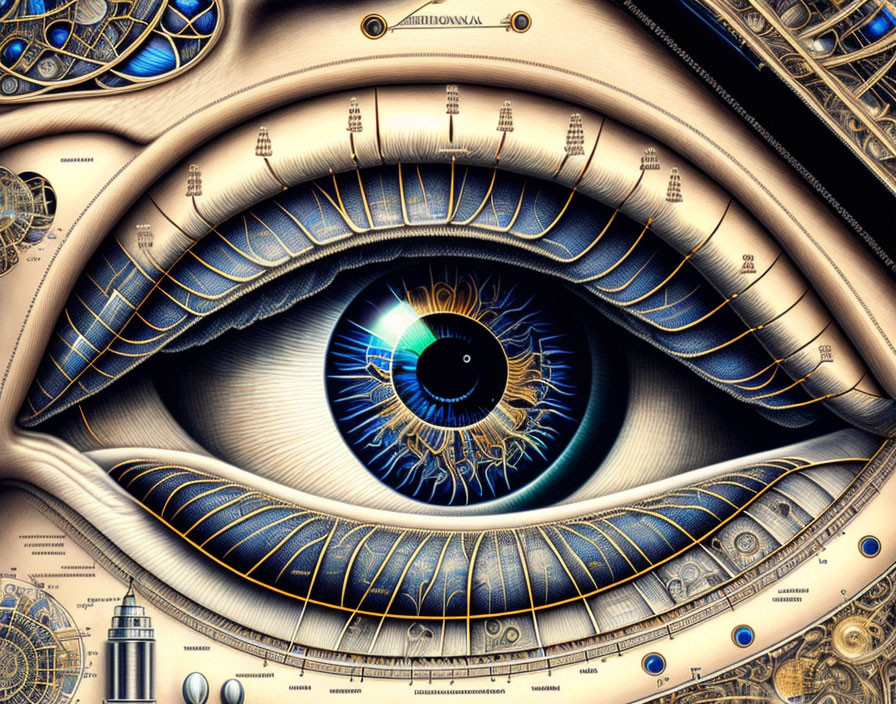 Detailed human eye merged with mechanical and architectural elements in blueprints and golden hues