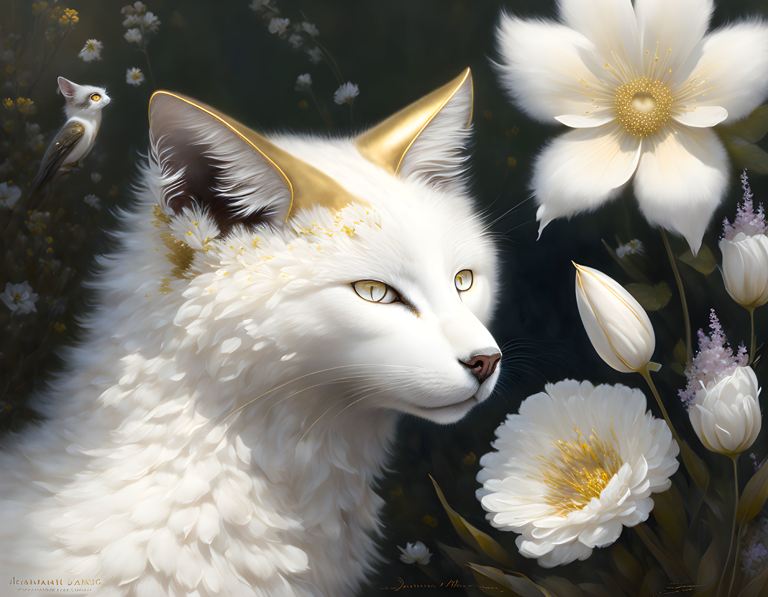 Digital art: Majestic white cat with golden eyes surrounded by flowers and bird.