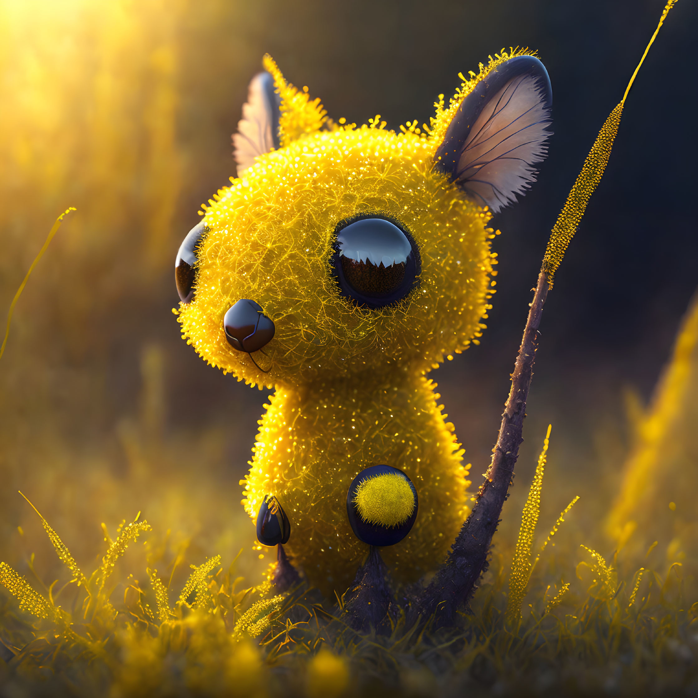 Yellow fuzzy creature with ladybug and blue ball among plants