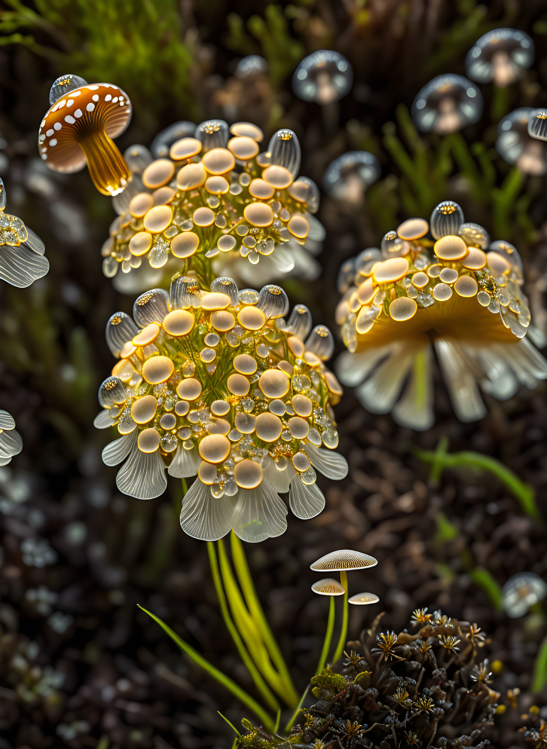 Small Mushrooms Covered in Water Droplets in Dark Vegetation