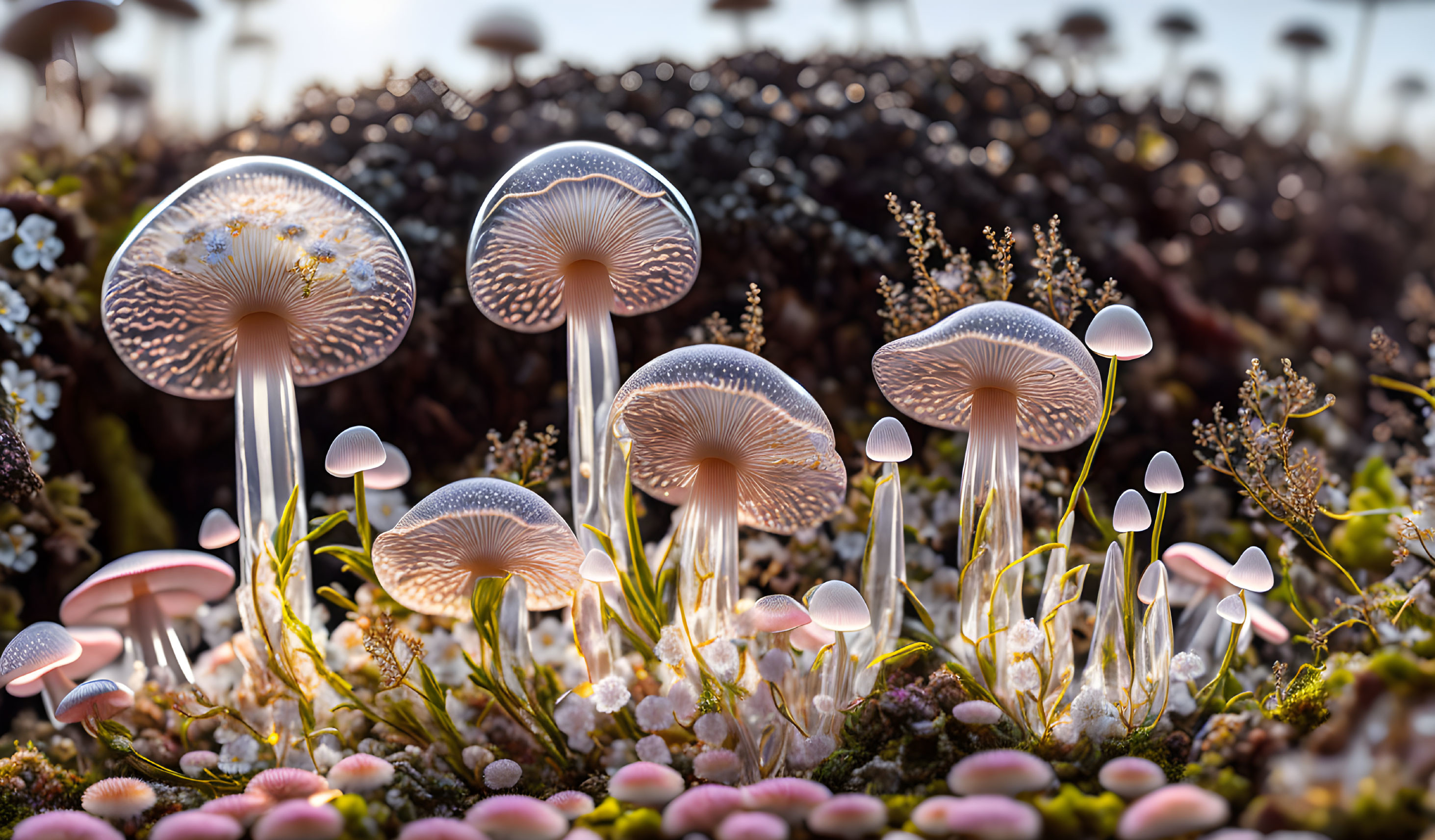 Translucent mushrooms with delicate gills in golden sunlight