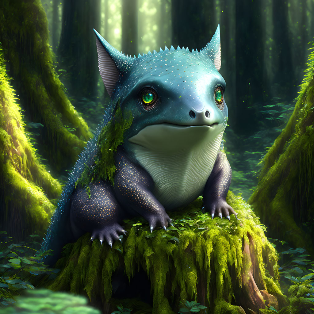 Blue lizard-frog creature on mossy stump in lush forest