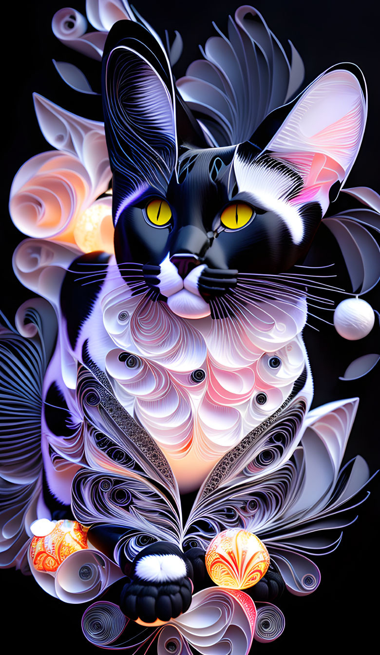 Colorful Stylized Cat Artwork with Intricate Patterns and Feather-like Embellishments