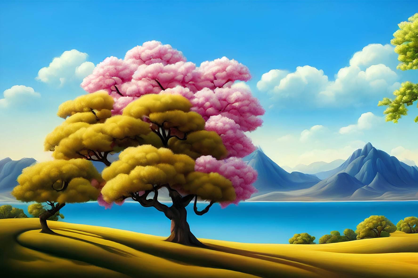 Vibrant yellow fields, pink and golden trees, mountains, lake in serene landscape