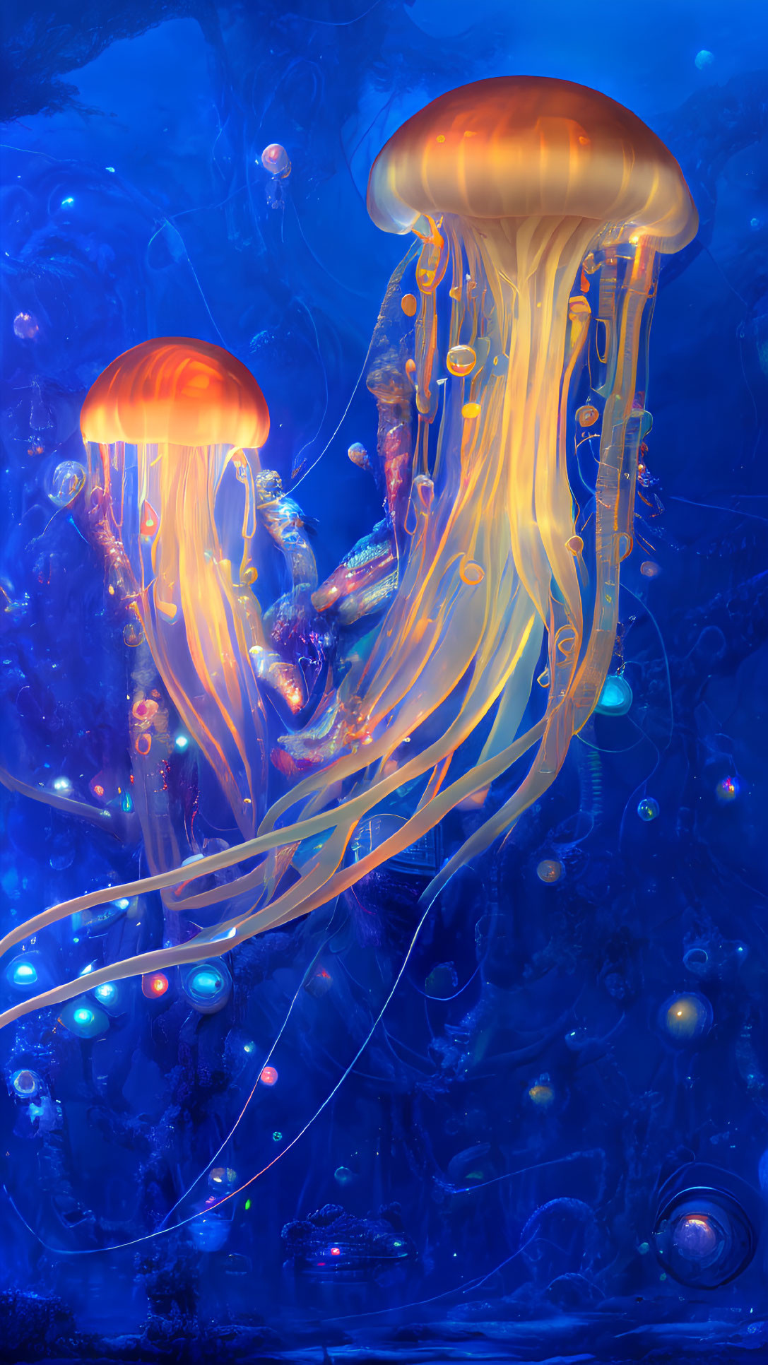 Luminescent jellyfish in deep blue underwater scene