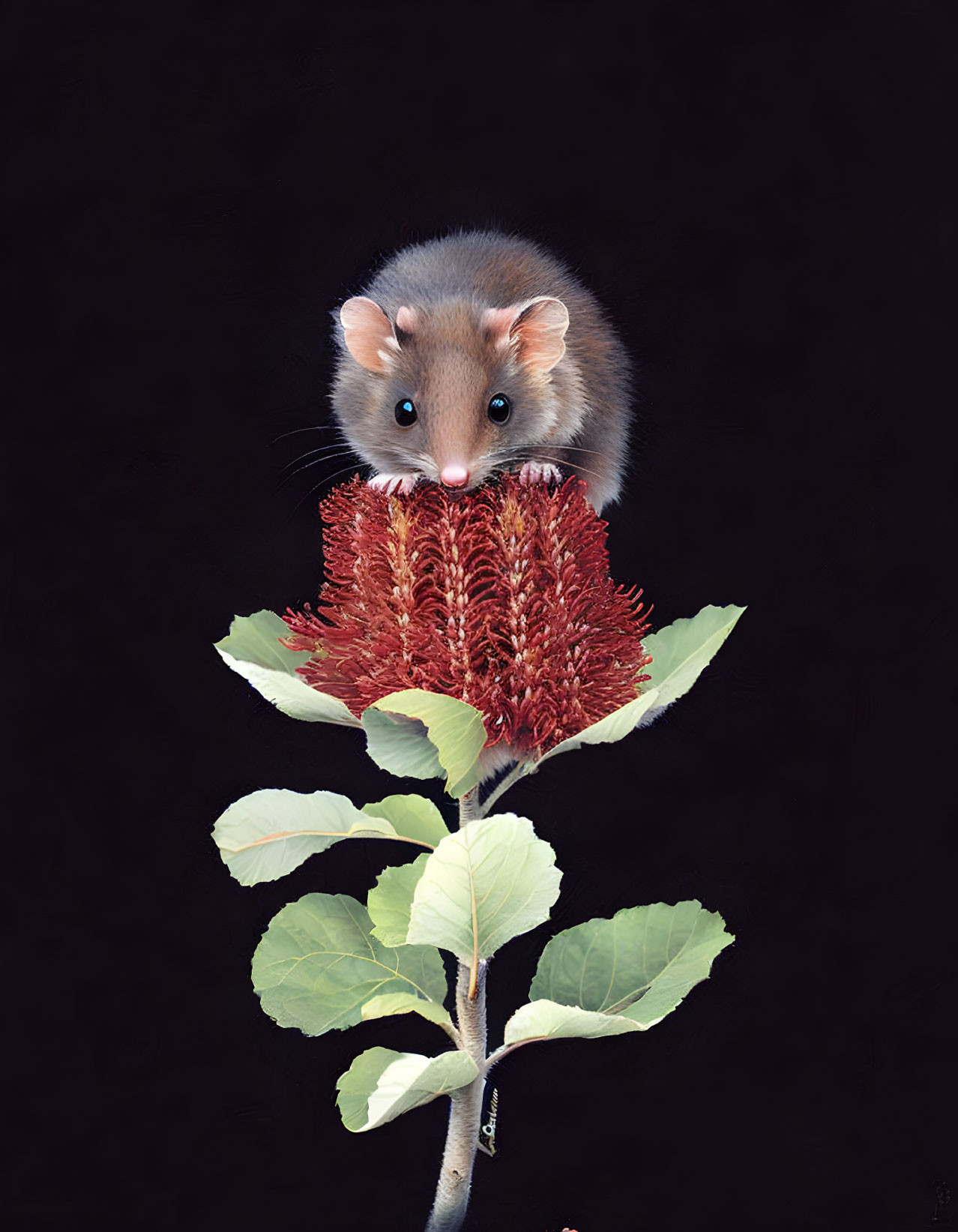 Tiny mouse on red flower in black background