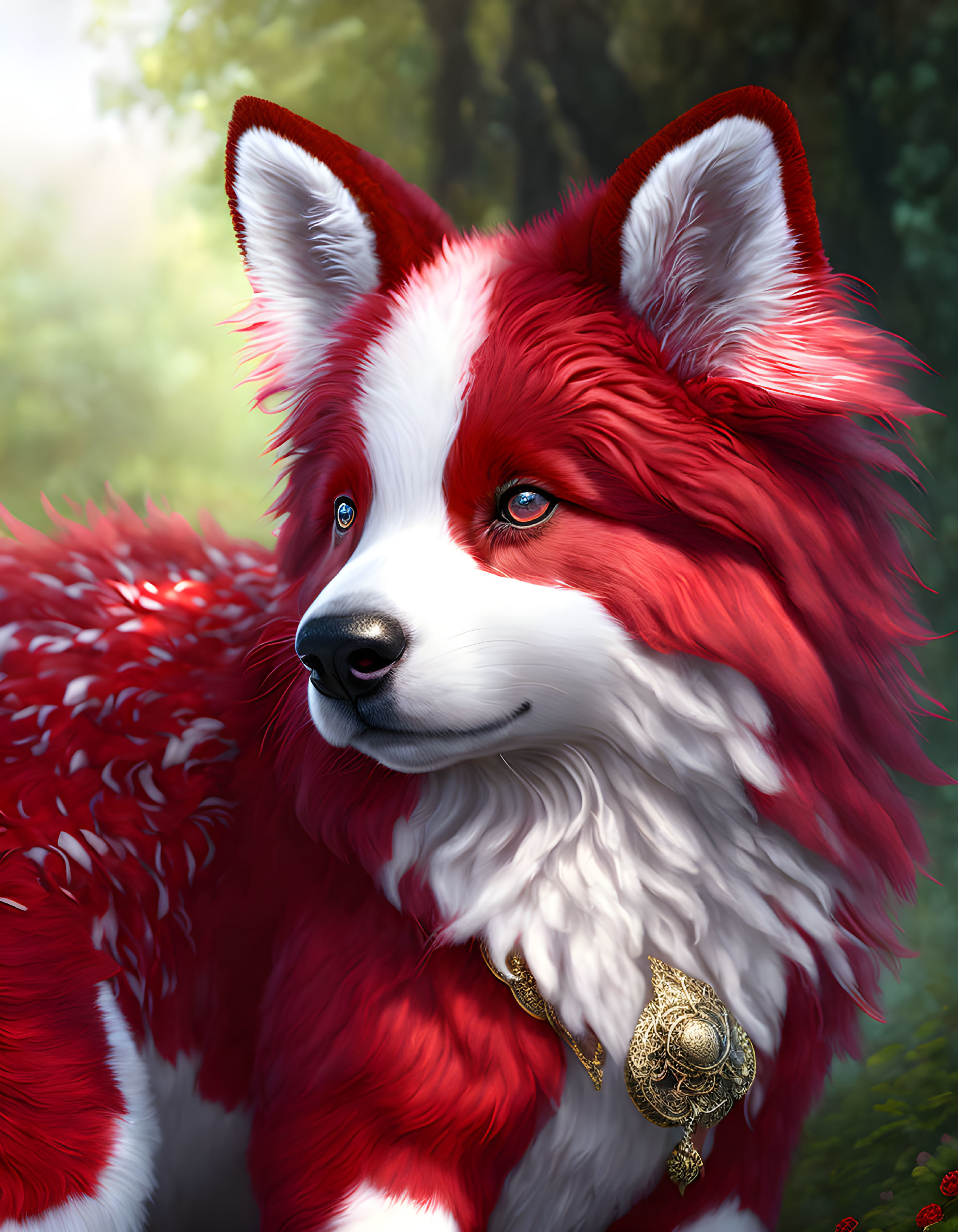 Red and White Fox Portrait with Gold Pendant on Soft Background