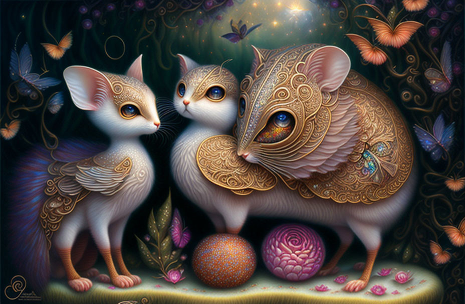 Fantasy image of ornate cat-like creatures with intricate fur designs, surrounded by butterflies and glowing orbs