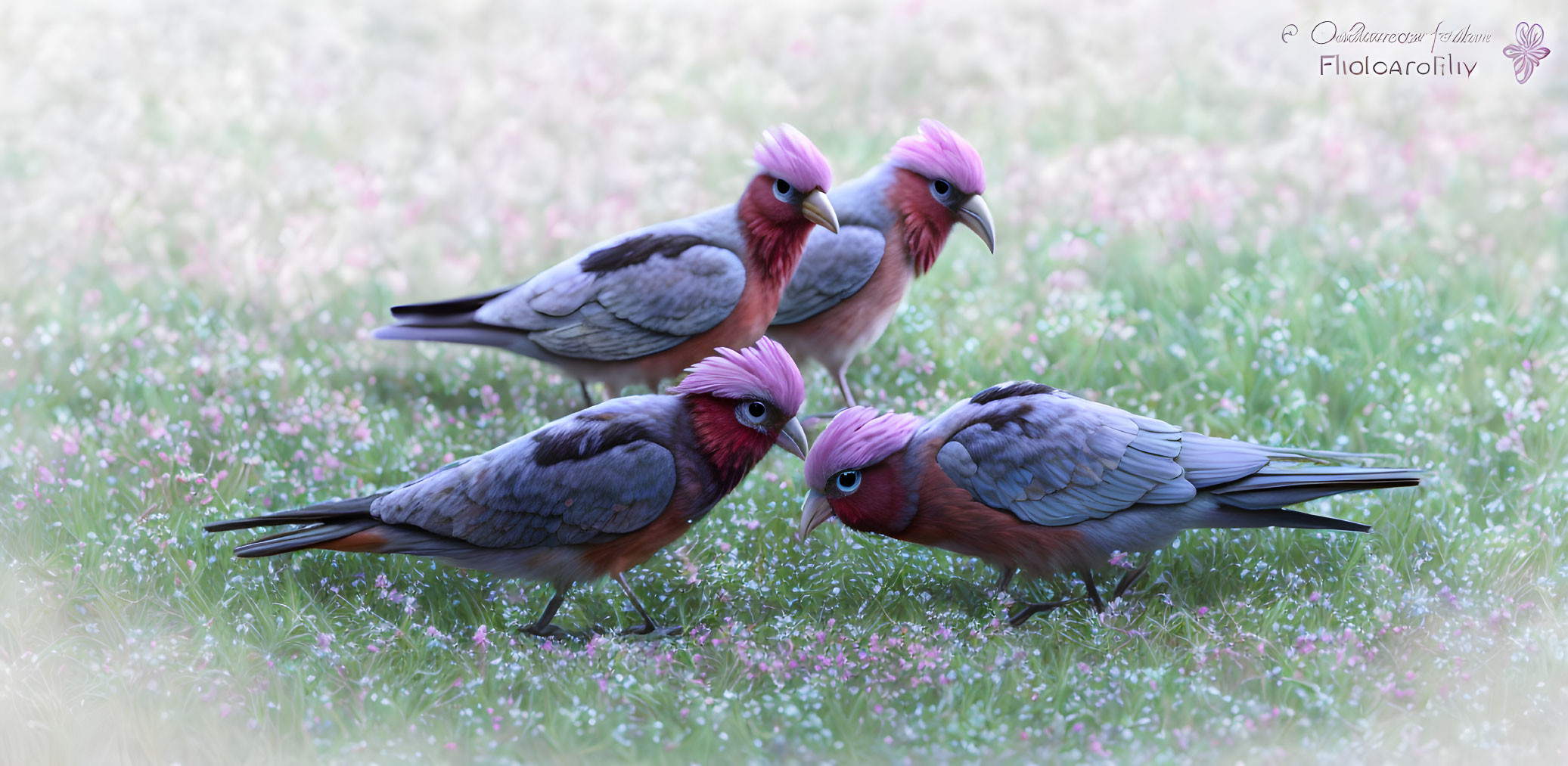 Vividly Colored Birds Amid Pink Flowers