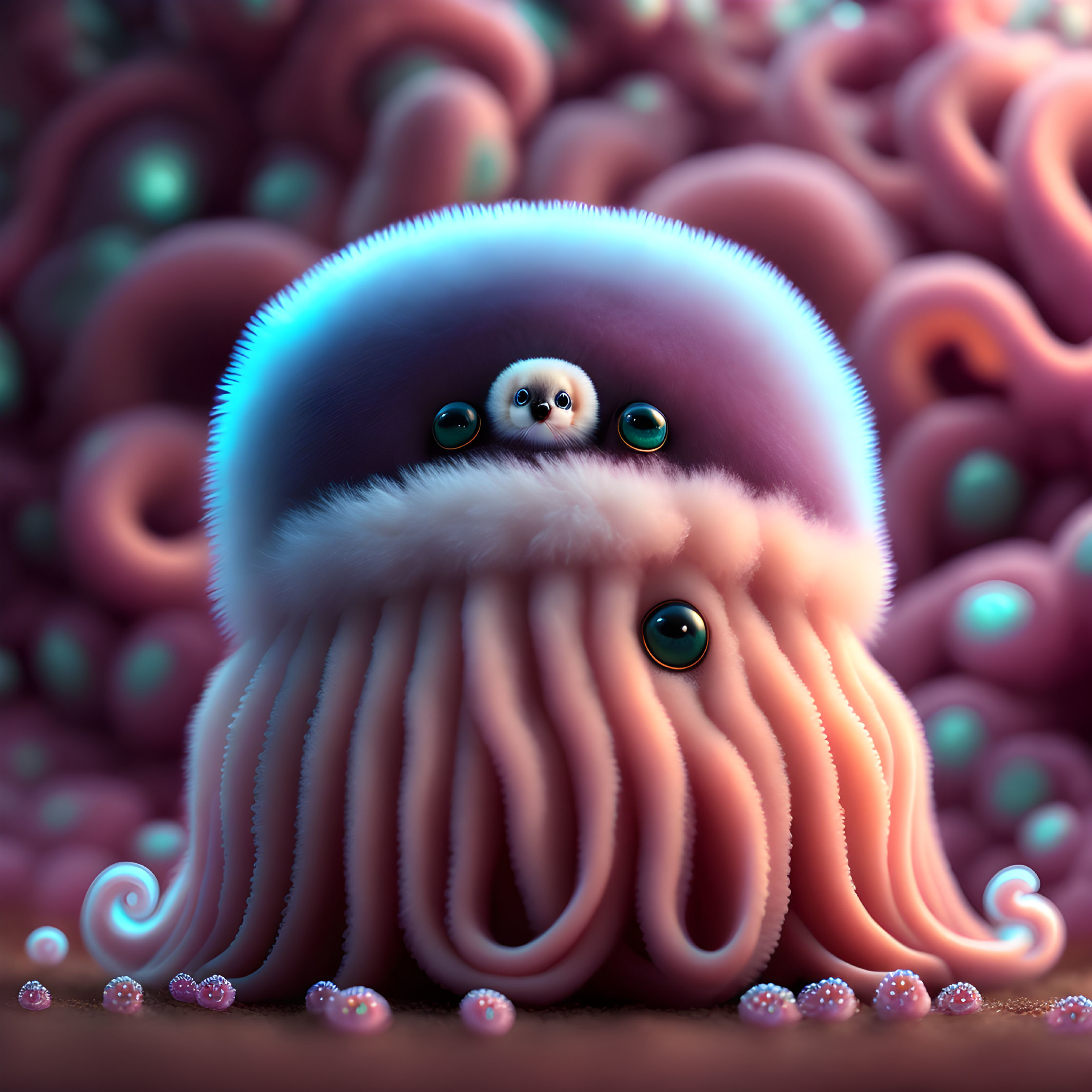 Whimsical creature with seal-like face and octopus-like tentacles in vibrant setting