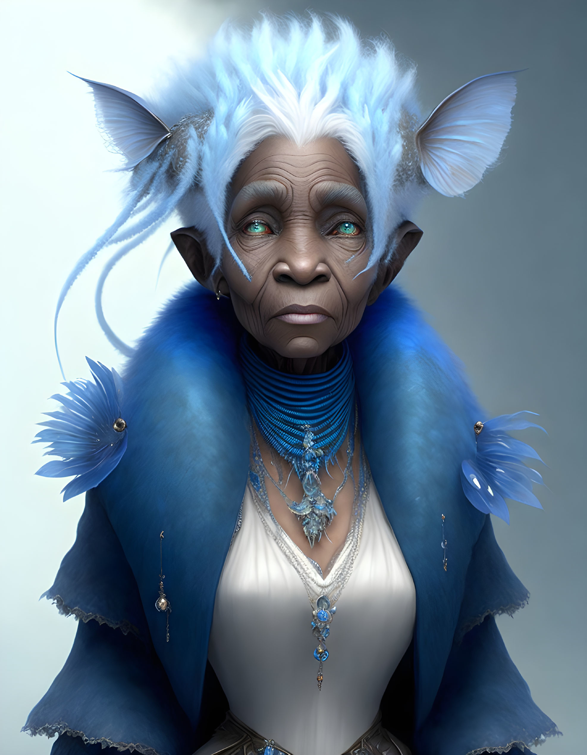 Digital artwork: Mystical creature with elderly woman's face, pointed ears, blue eyes, jewelry,