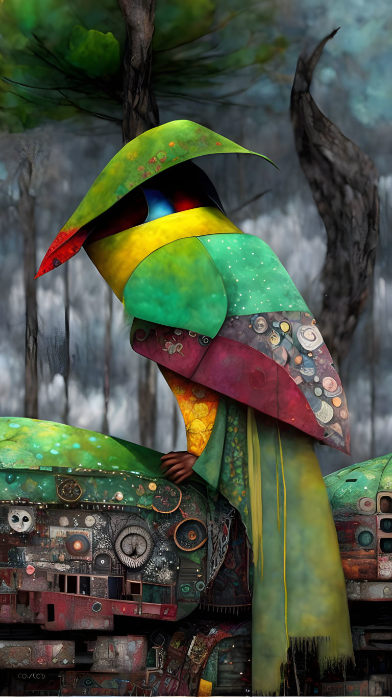 Colorful creature with bird-like head on mechanical tree stump in surreal artwork