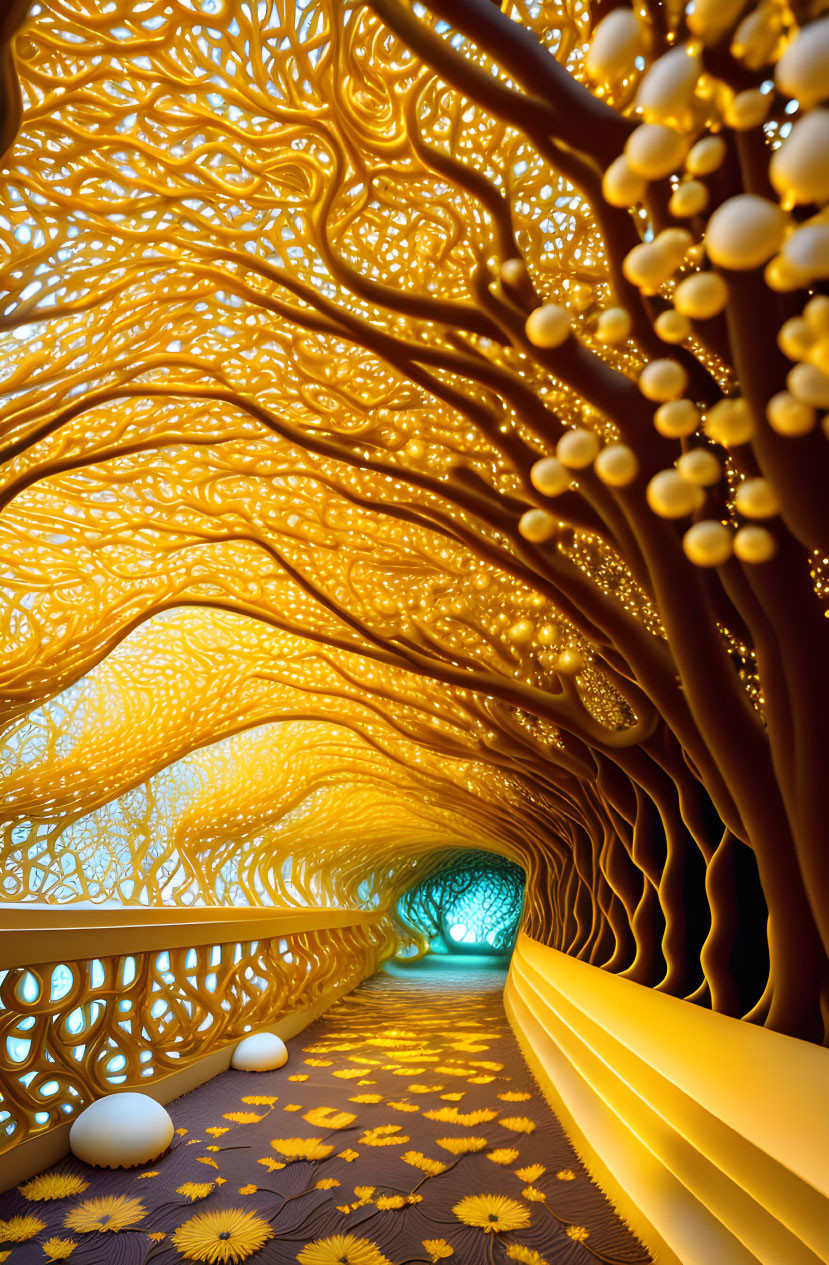 Golden Tree-Like Walls and Sunflower Floor in Whimsical Tunnel