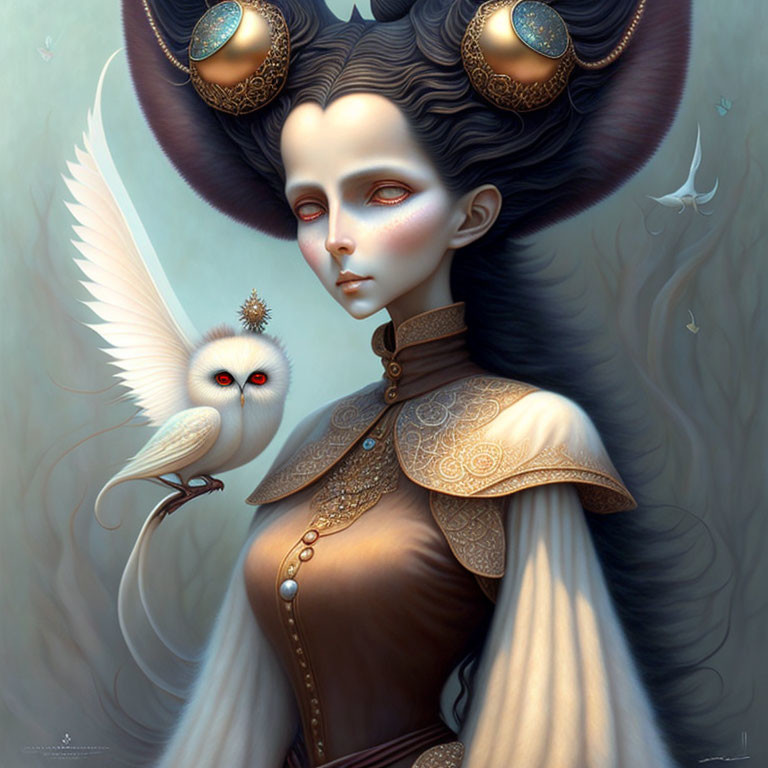 Fantasy portrait of a woman with stylized hair, horns, ornate clothing, and a white