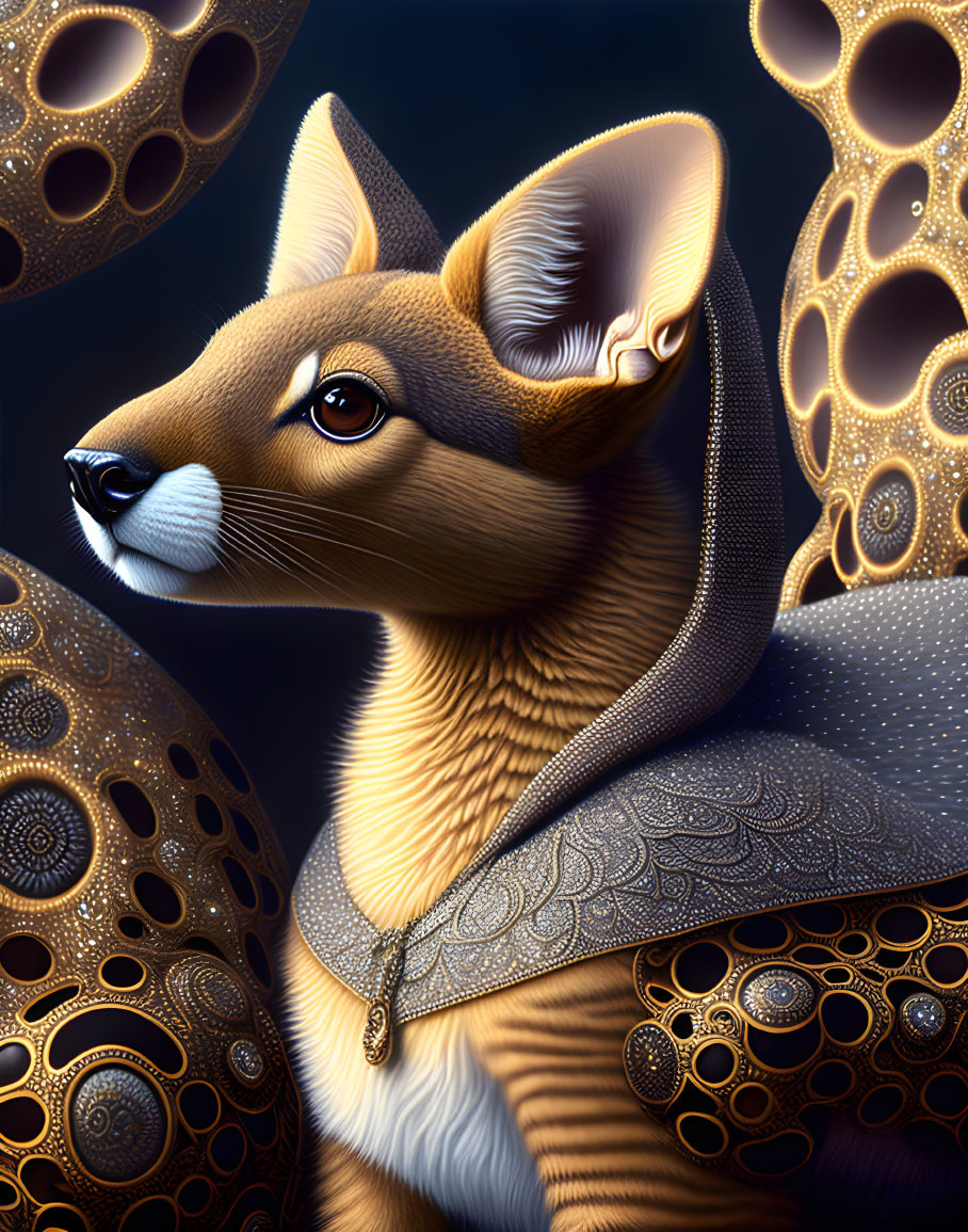 Intricate fox portrait with golden patterns on dark background