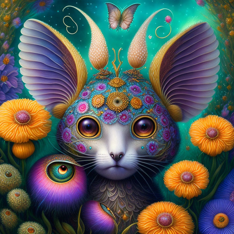 Colorful Cat with Butterfly Wings Surrounded by Flowers and Butterflies