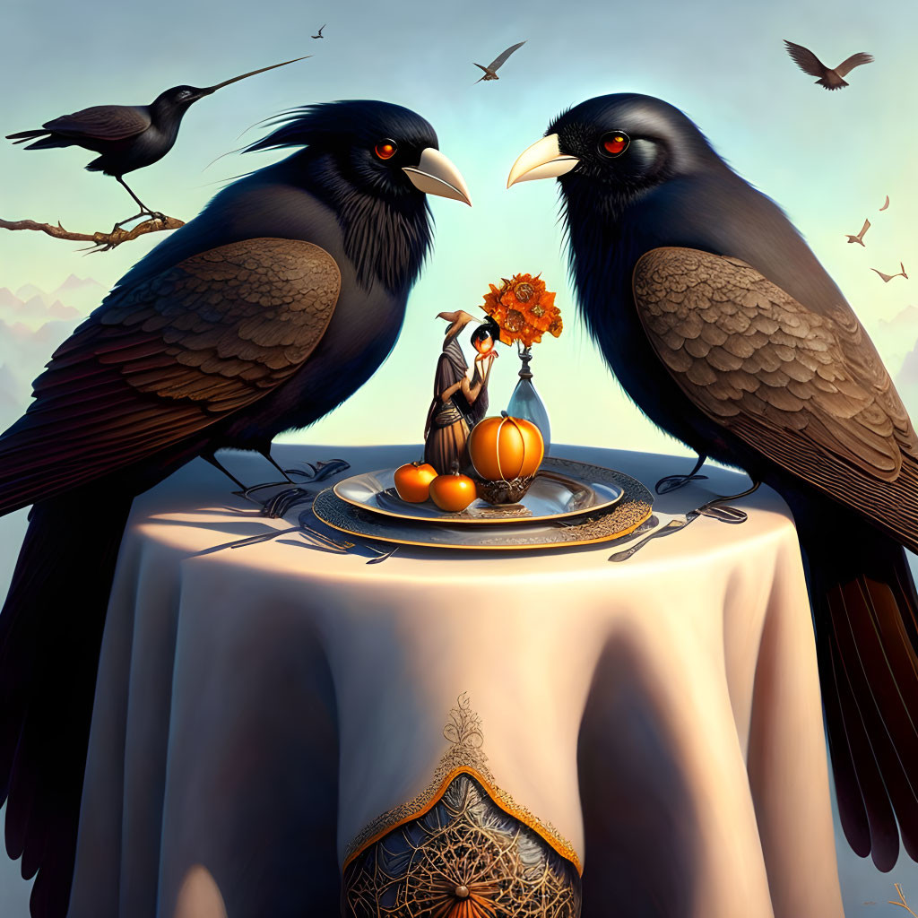 Two large ravens, small figure, sunflower, pumpkins, draped table, sky with birds