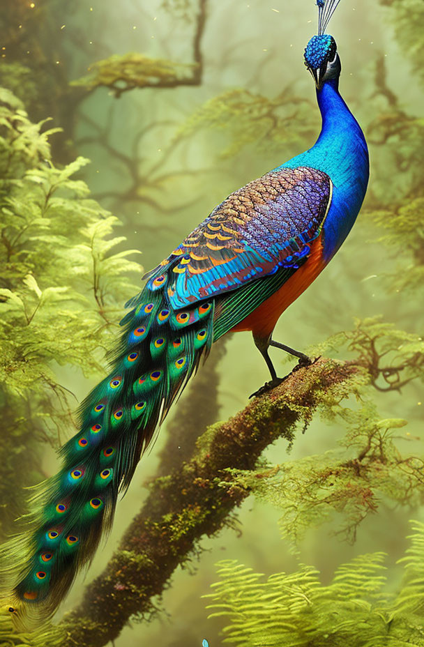 Colorful Peacock on Branch in Lush Forest with Iridescent Feathers