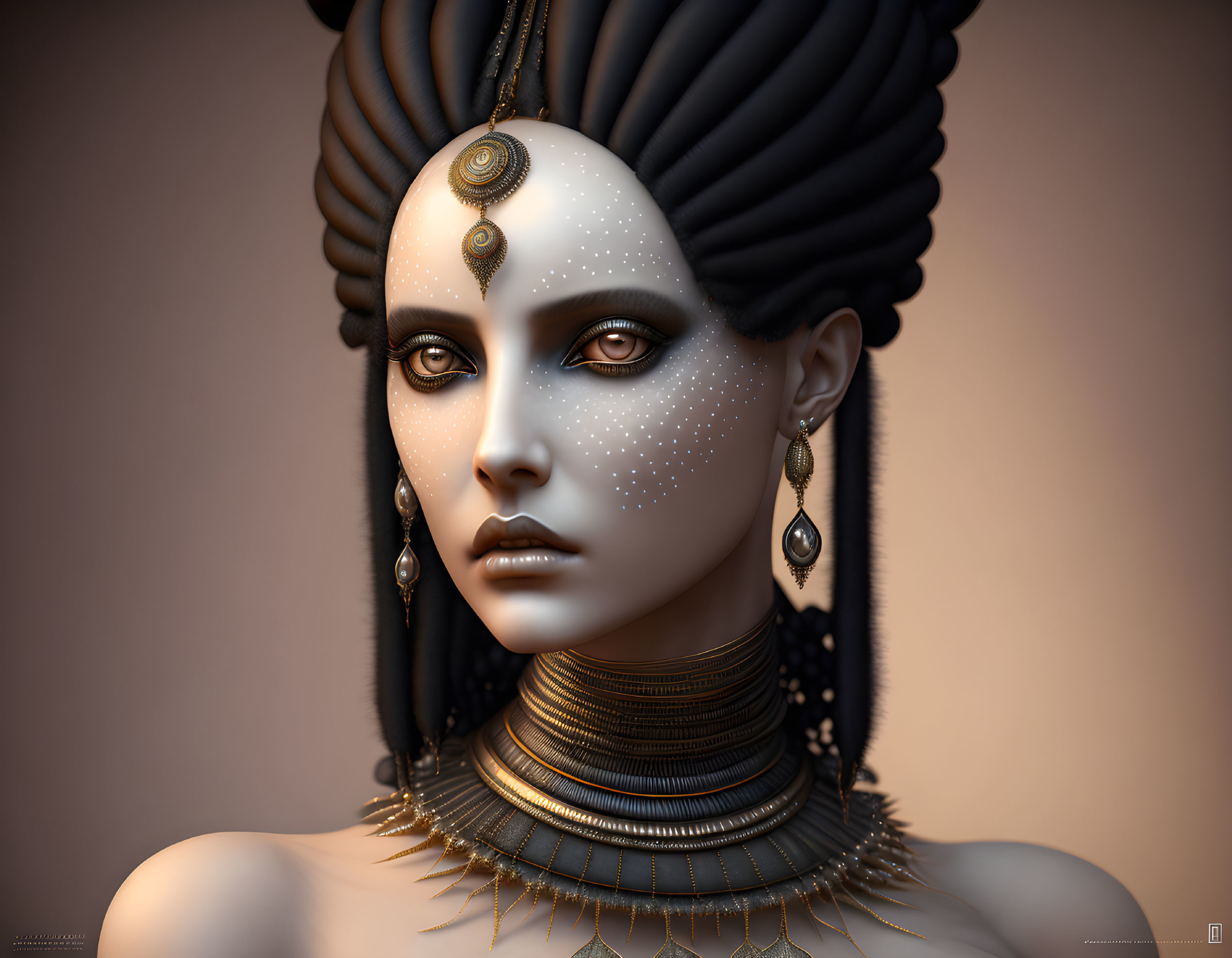 Digital 3D portrait of a woman with elaborate hair and golden accessories