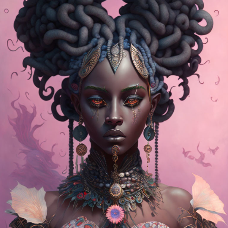 Fantasy female character portrait with tribal markings and ornate jewelry