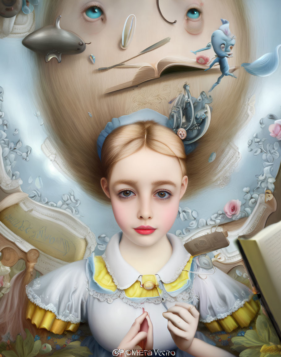 Whimsical portrait of girl in vintage dress with big eyes and flying objects