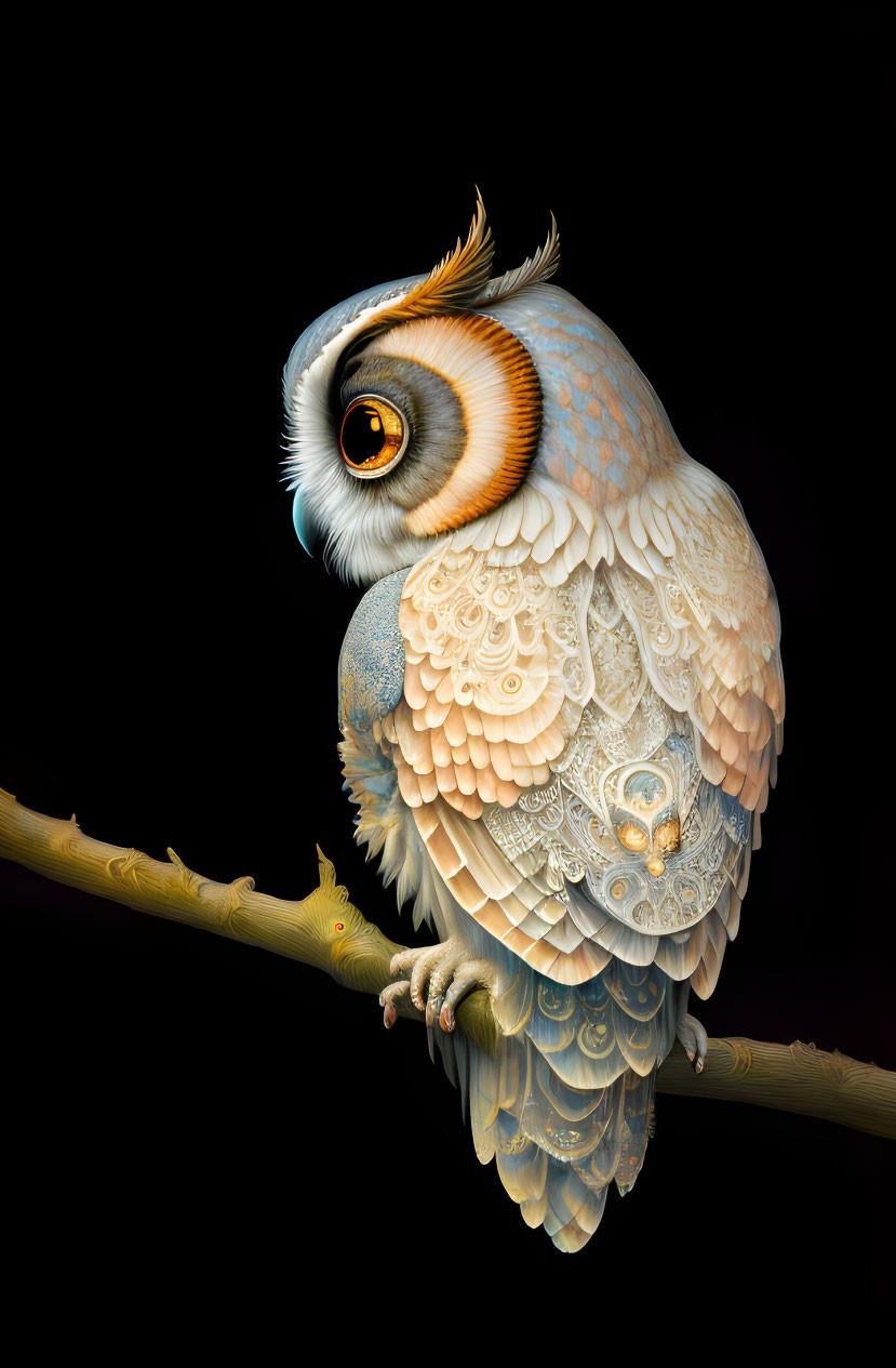 Detailed Stylized Owl Illustration with Orange Eyes on Branch