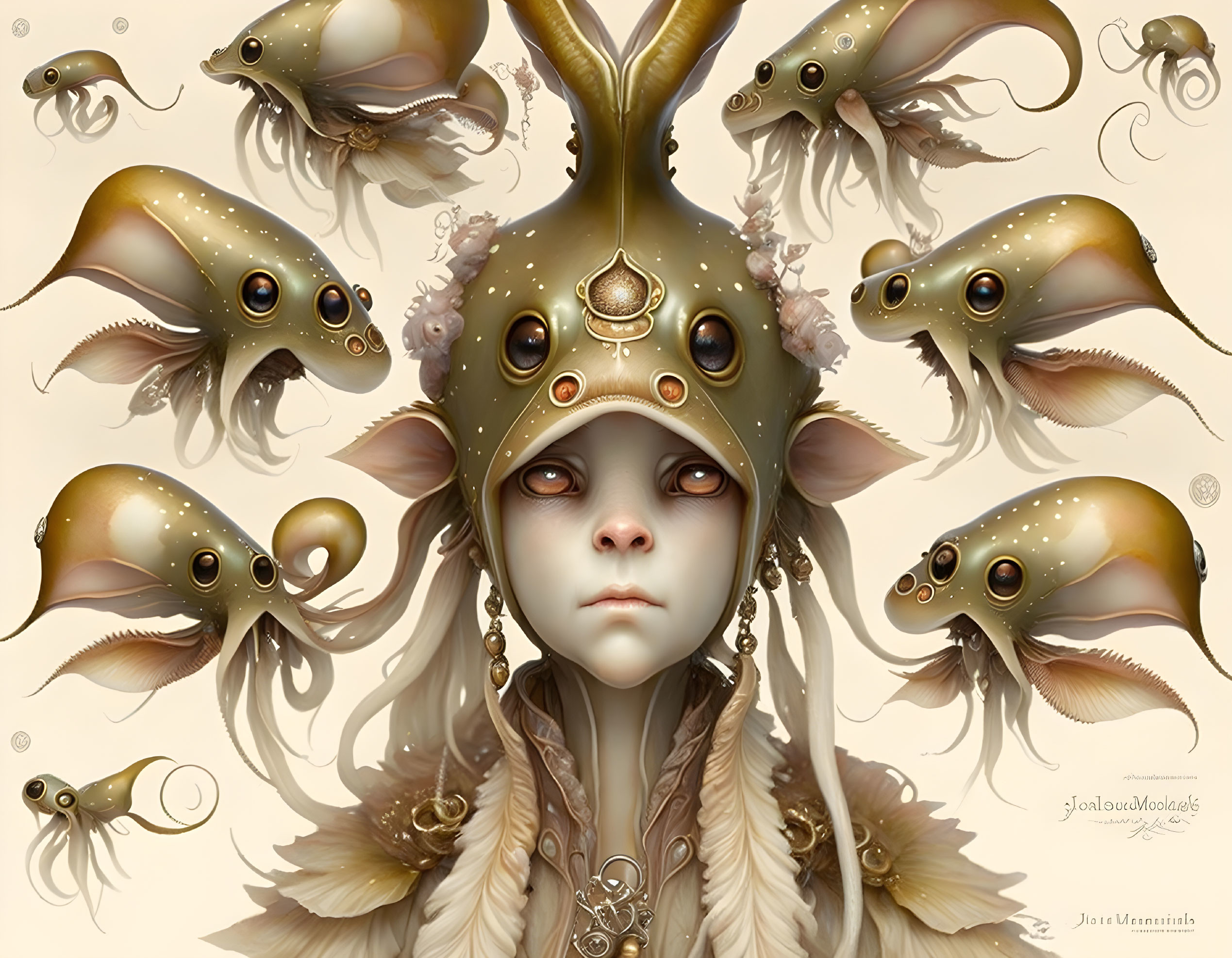 Illustration: Person in ornate squid-like helmet with floating cephalopods on cream background