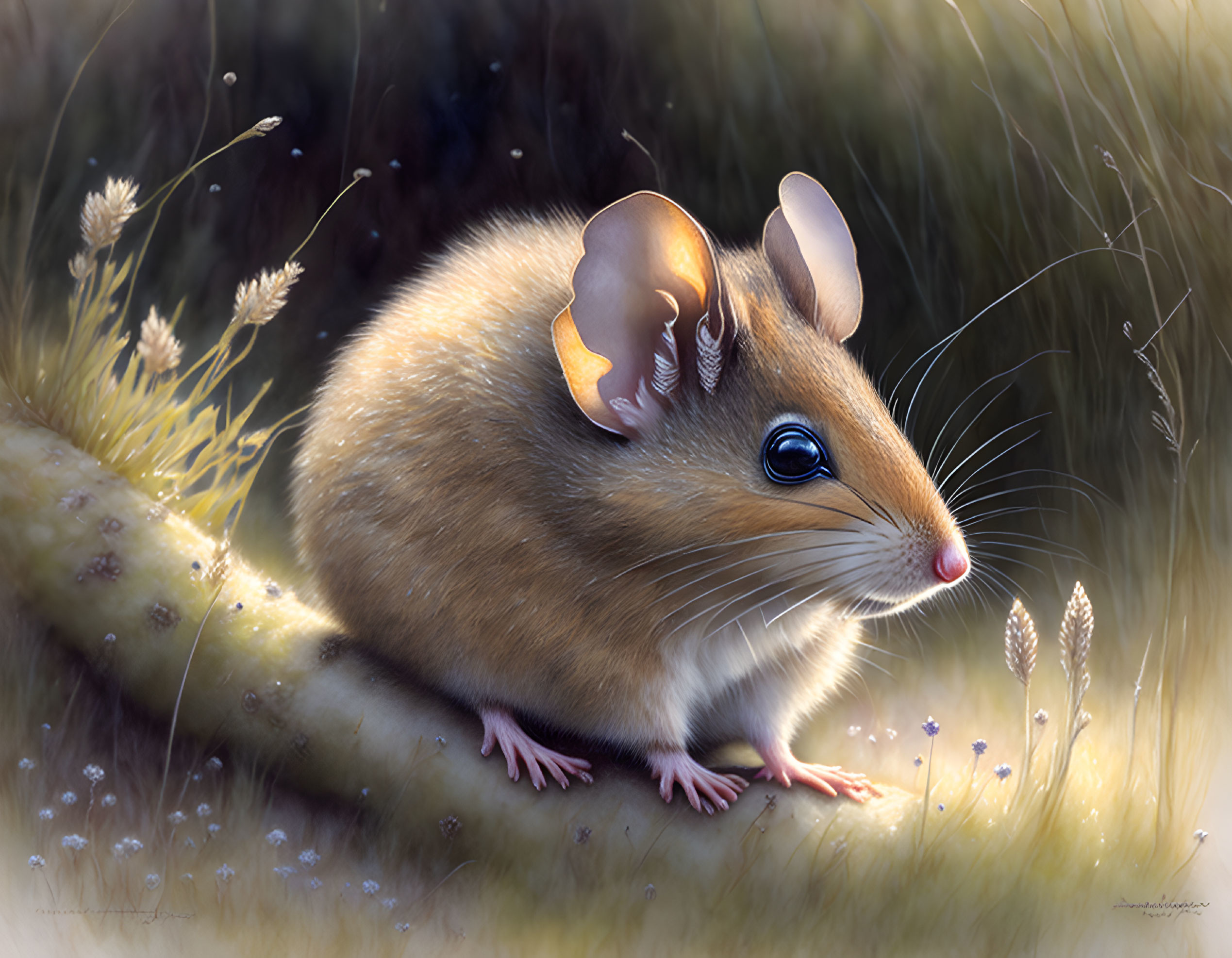 Realistic illustration of a mouse with translucent ears and glossy eyes on grassy background.