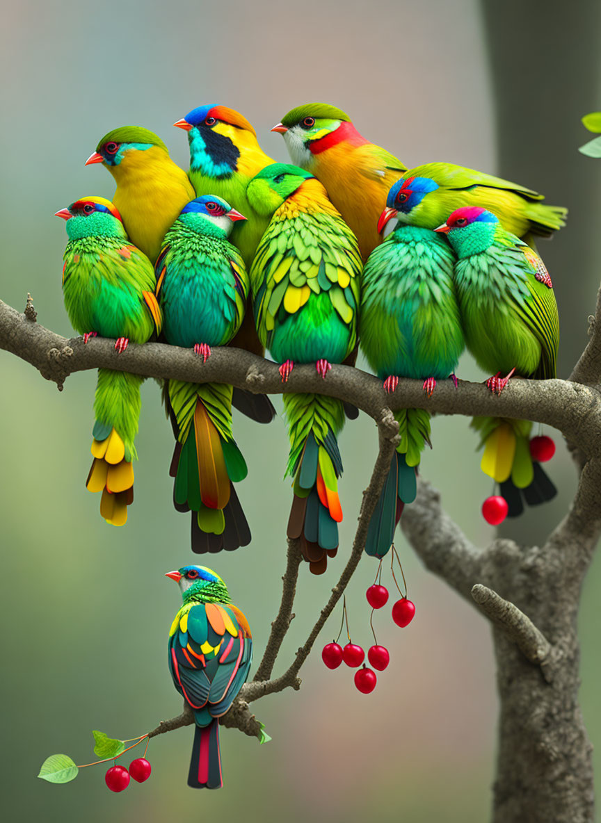 Colorful Tropical Birds Perched on Tree Branch with Red Berries