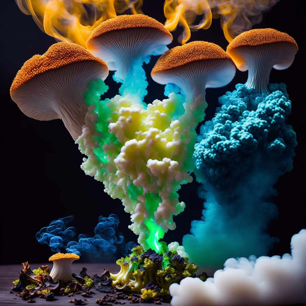 Colorful Mushrooms with Smoke and Flames in Fantasy Forest Scene