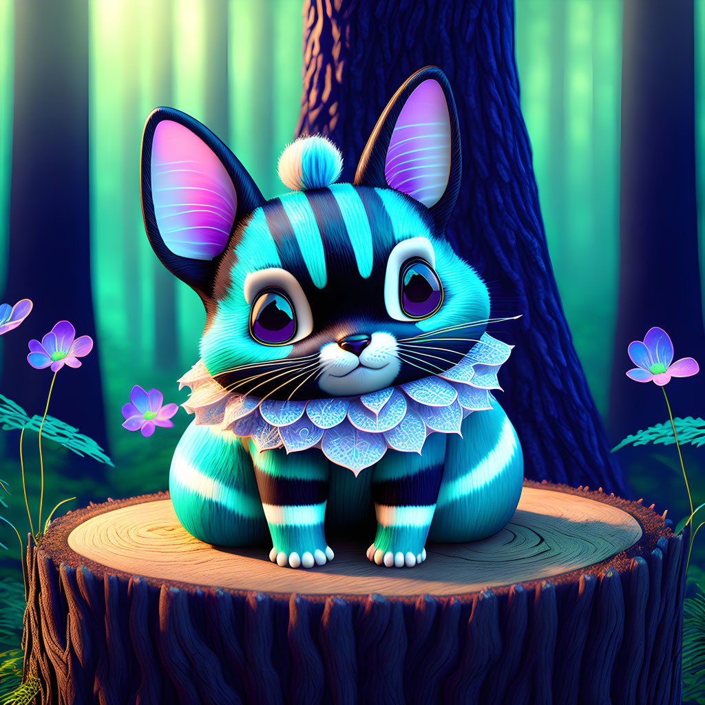 Blue-Striped Stylized Cat Artwork in Neon-Lit Forest