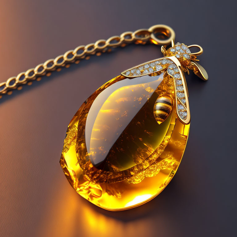 Amber Gemstone Pendant with Bumblebee Motif and Diamonds