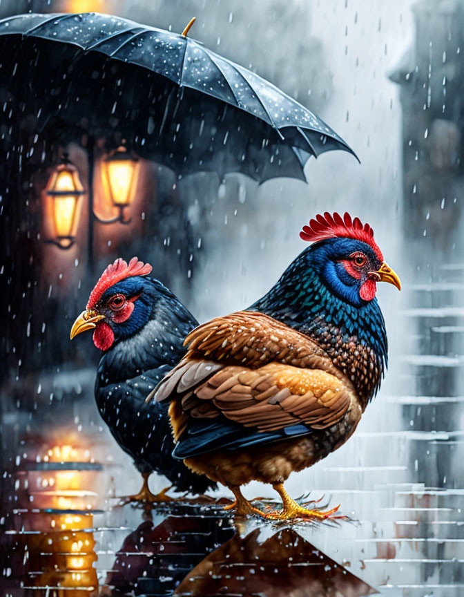 Chickens under umbrella in rain with street lights