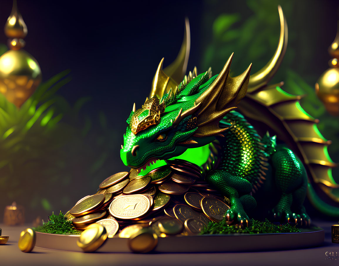 Majestic Green Dragon with Golden Crown on Gold Hoard and Ornaments