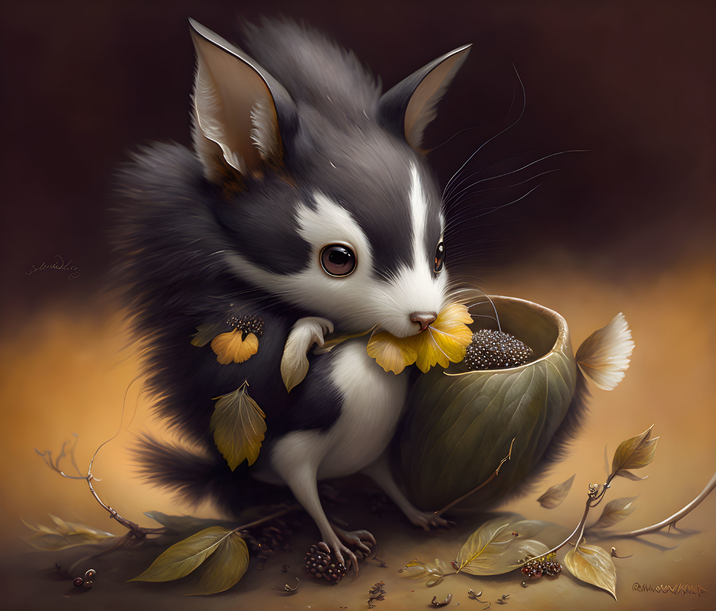 Mouse-bodied creature with cat-like face eating flower next to acorn