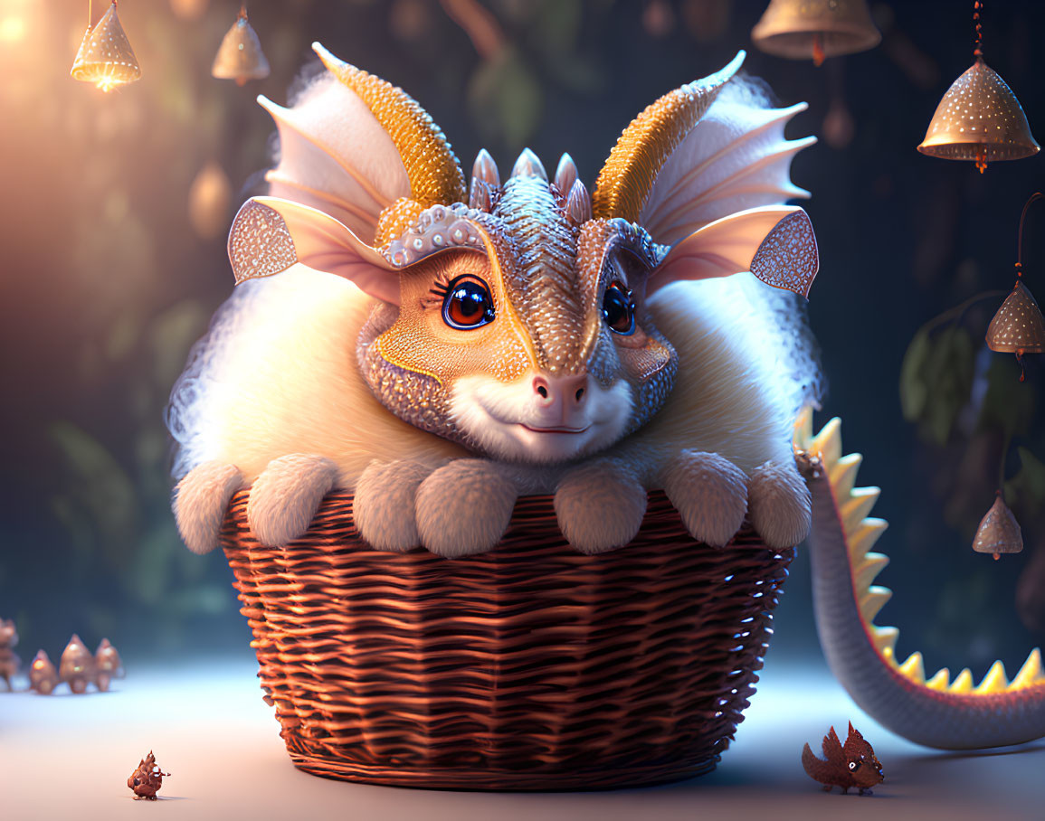 Whimsical dragon with big eyes in basket surrounded by lanterns and mini figures