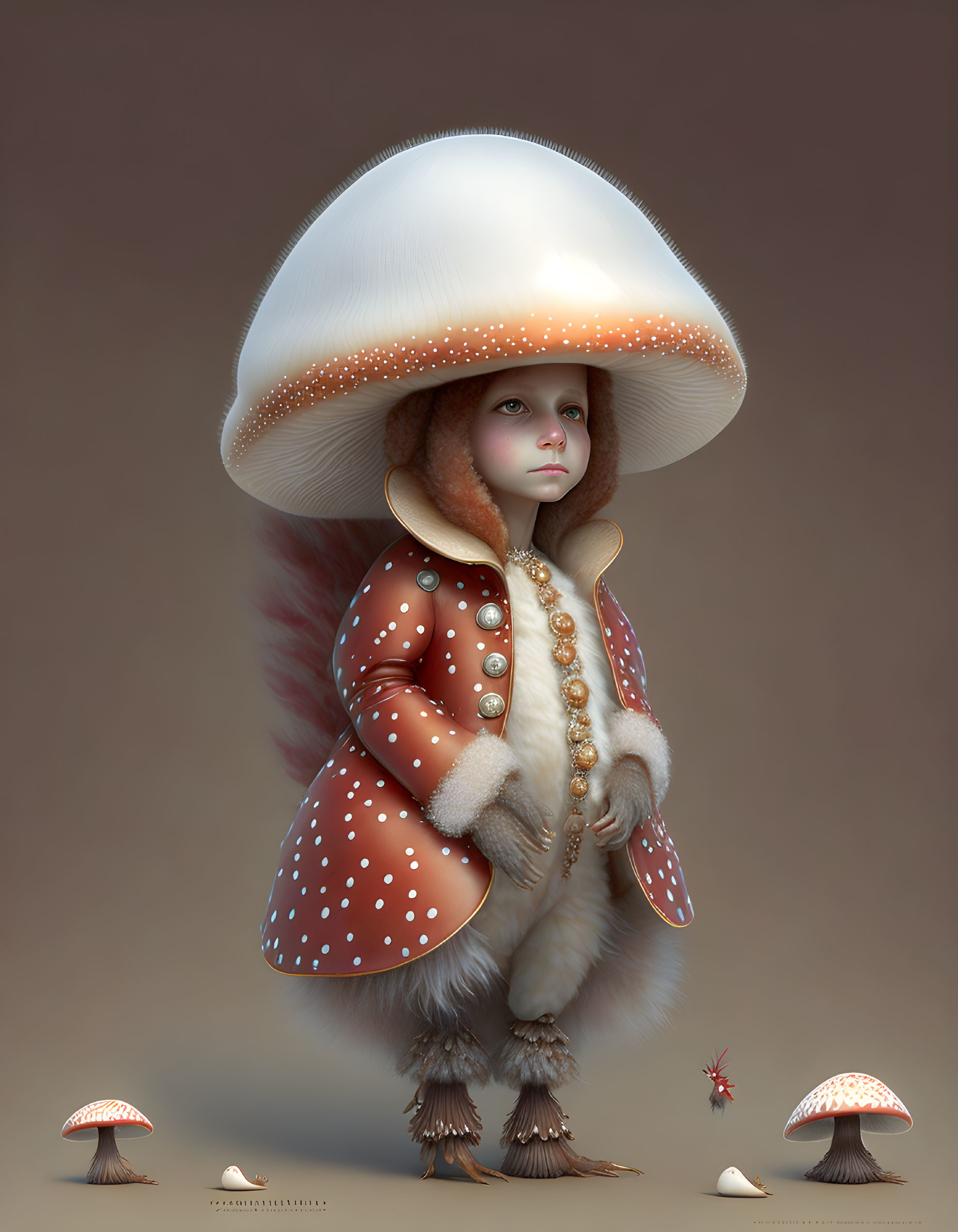 Child in Mushroom Cap Surrounded by Fantasy Mushrooms