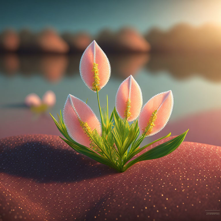 Luminous fantasy flowers with dewdrops on sandy terrain by serene water