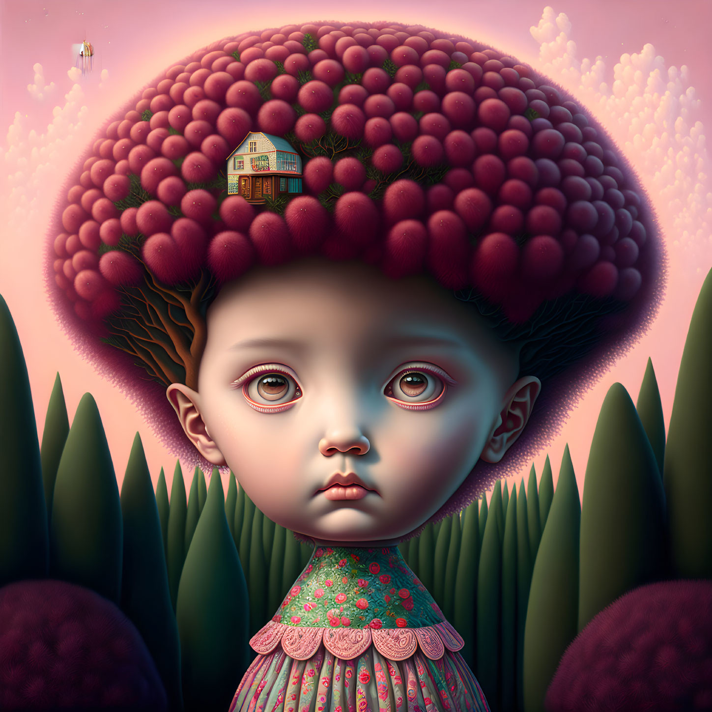 Child with house and trees on head in surreal artwork