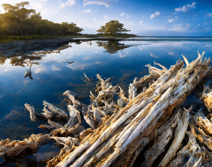 Tranquil marshland scenery with reflective water and fallen tree.