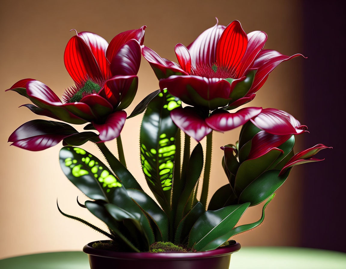 Vibrant Red and White Striped Flowering Potted Plant