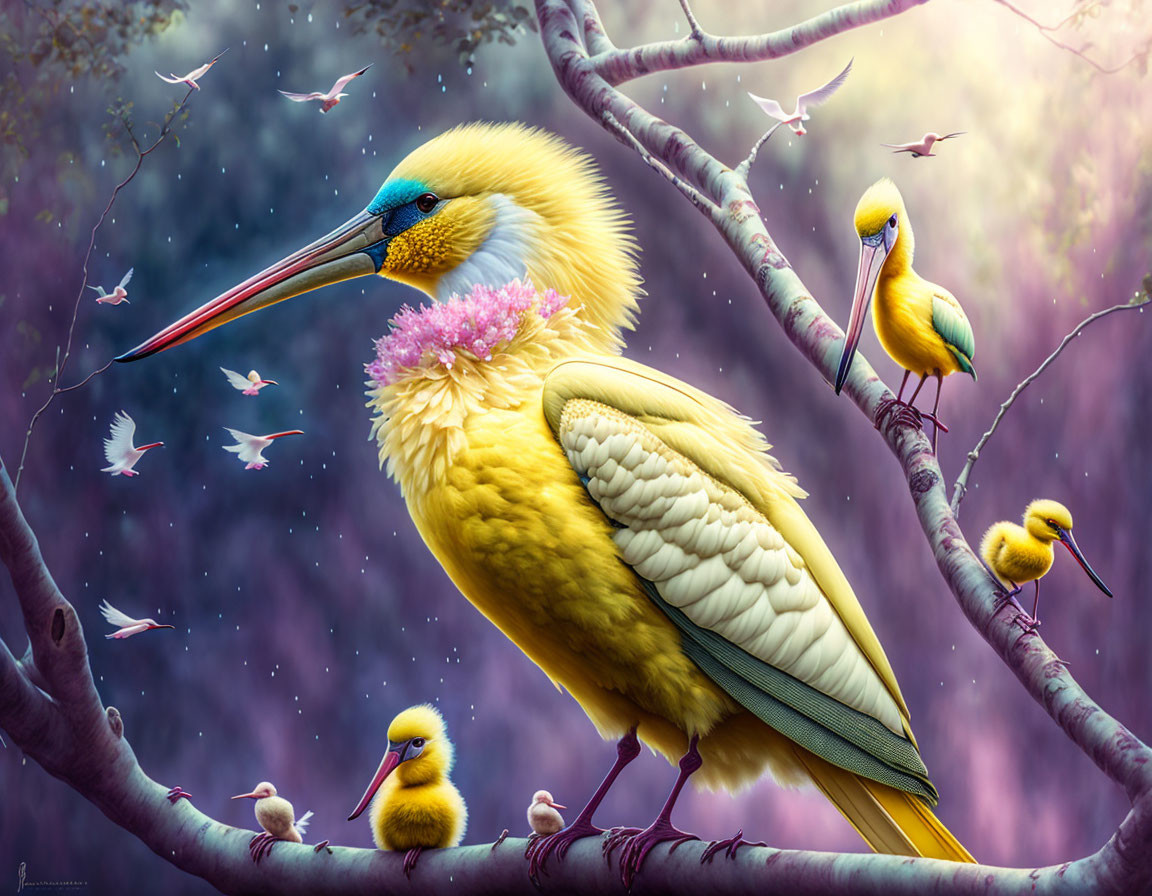 Colorful digital artwork of large bird with yellow body and blue head, surrounded by smaller birds on branch