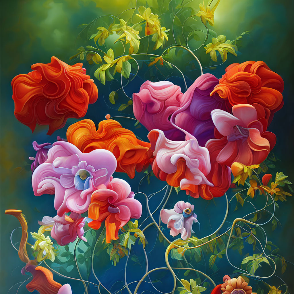 Colorful Stylized Floral Digital Art in Red, Orange, and Pink Hues